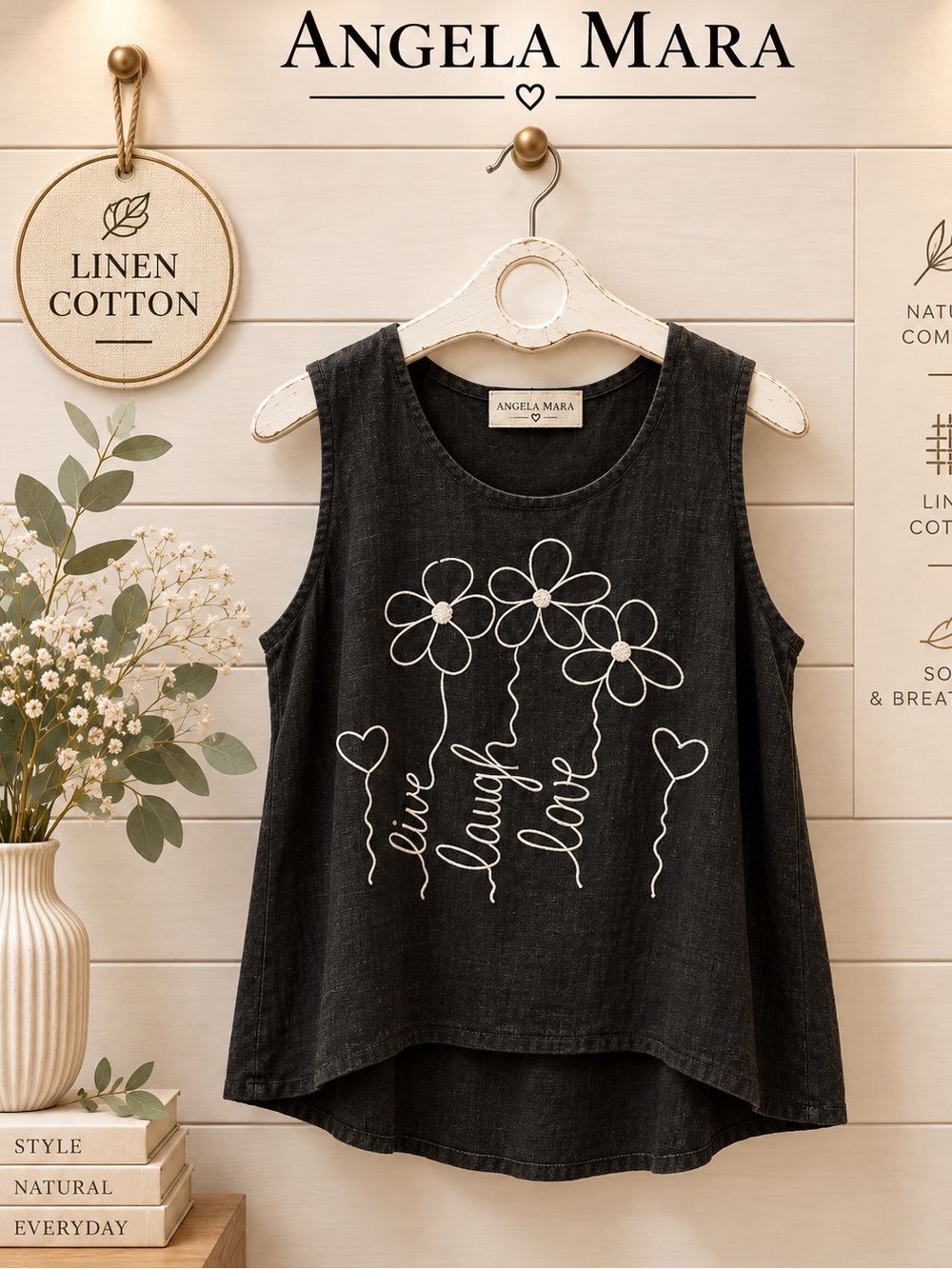 ANGELA MARA Black Linen Blend Sleeveless Top Size L/XL